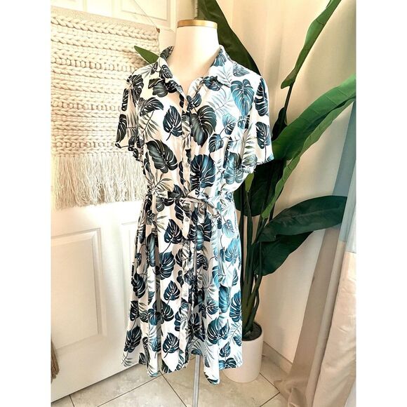 Dresses & Skirts - Corvia Women's Plus Size 20/22 Shirt Dress Palm Leaves Belted Lightweight